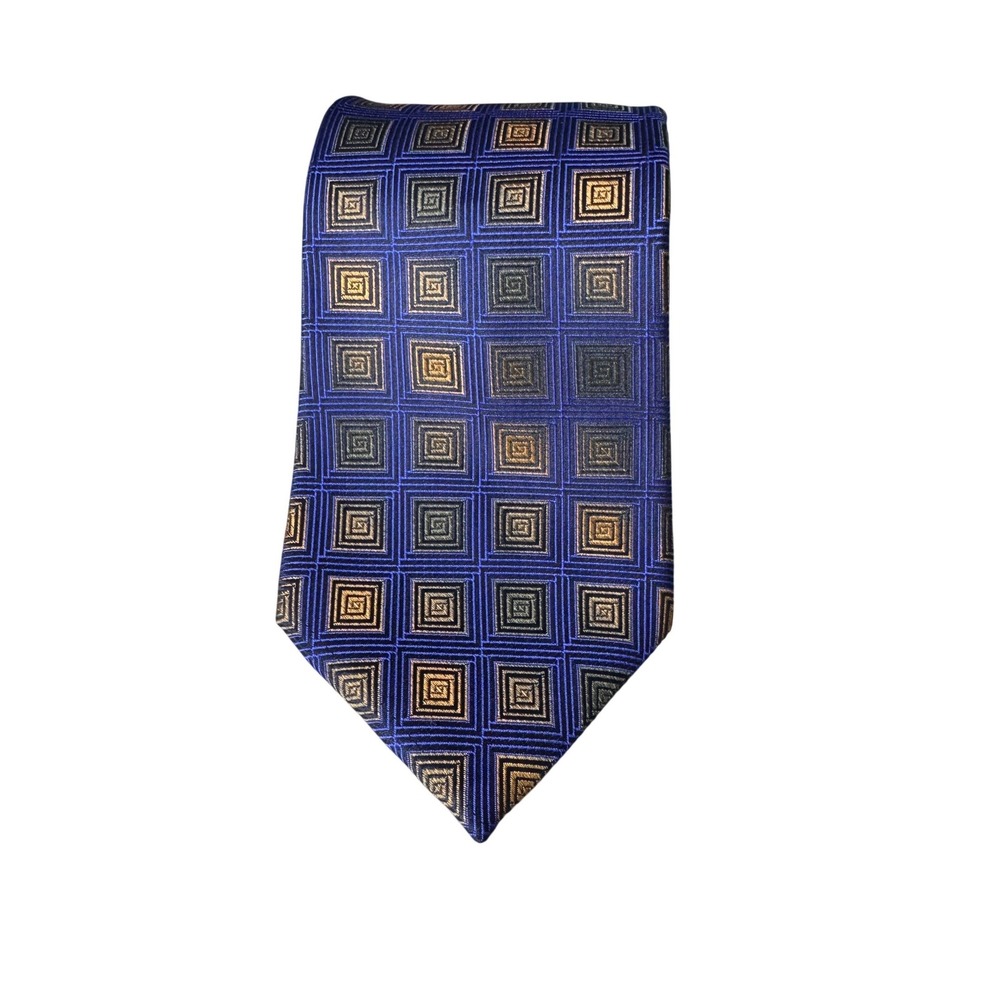 Palatina Mens Blue Gold Geometric Square Silk Necktie Classic Formal Business